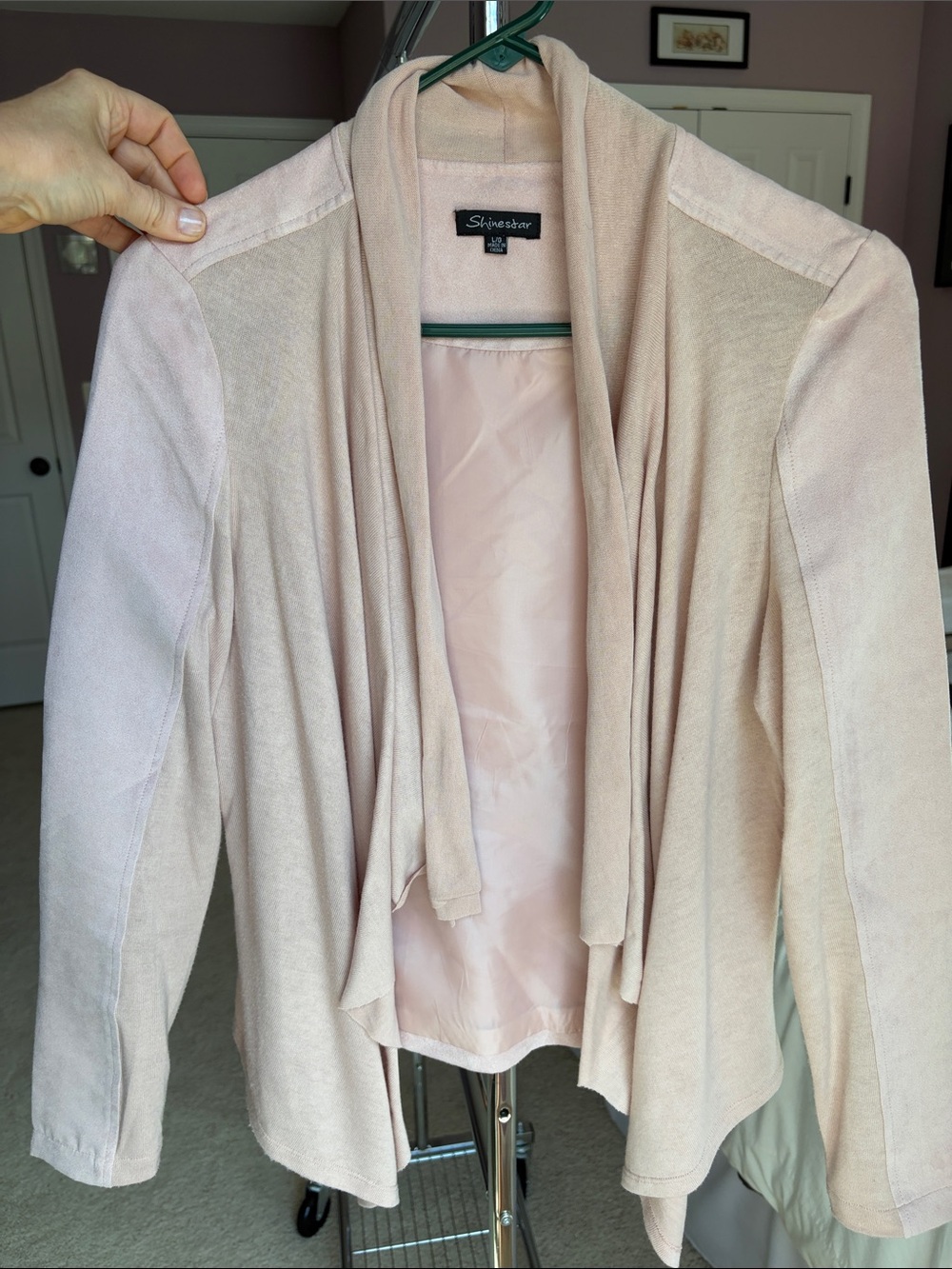 Shinestar Light Pink Draped Open-Front faux suede Jacket